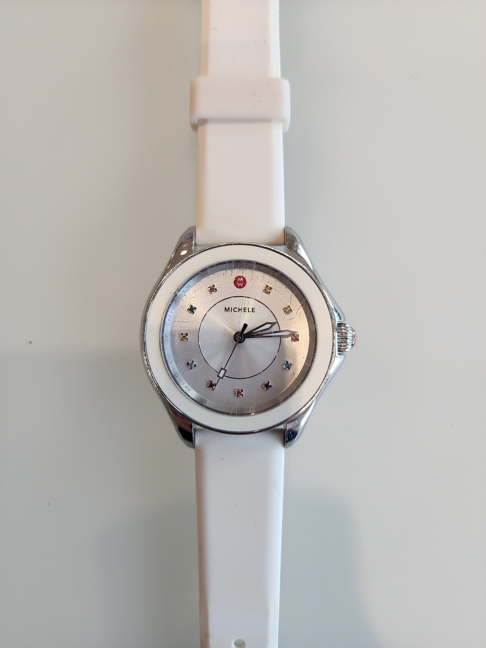 Michele White Silicone Strap Watch with Silver Dial and Crystal Markers
